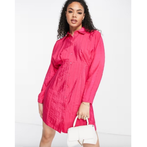 ASOS DESIGN texture stripe volume sleeve mini shirt dress in hot pink - NWT - Picture 1 of 9